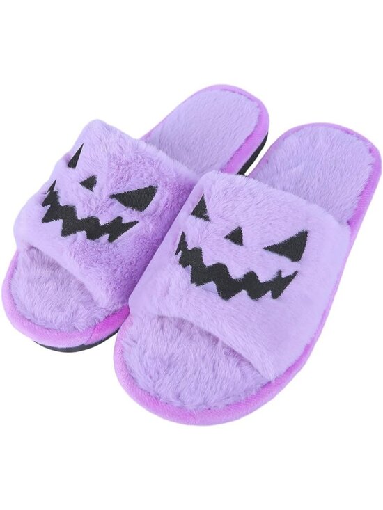 Shoes - Unisex Purple Halloween Indoor Outdoor Open Toe Spooky Slides Fuzzy Slippers